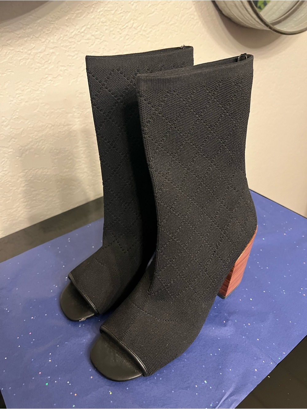 Kelsi Dagger Black Open-Toe Knit Ankle Boots with Wood-Effect Heel